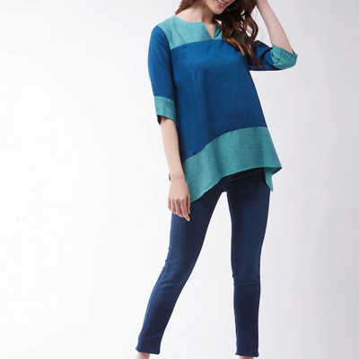 Blue regular a-line top Colour blocked V-neck tops