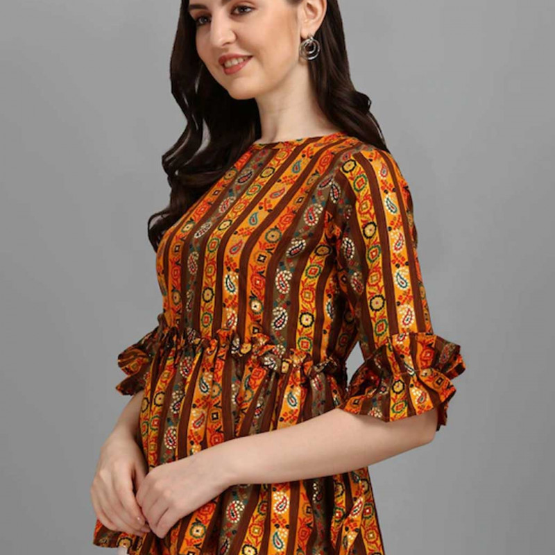 Yellow & Brown Printed Waist Top