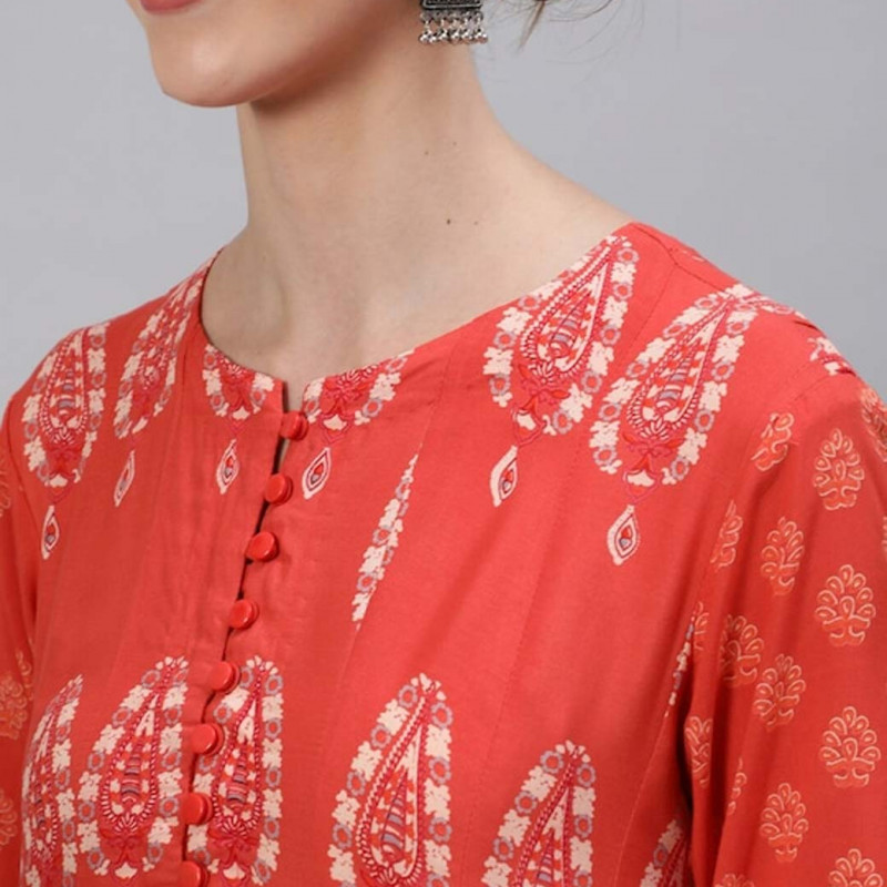 Women Peach-Coloured & White Geometric Printed Anarkali Kurta
