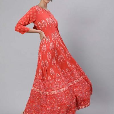 Women Peach-Coloured & White Geometric Printed Anarkali Kurta