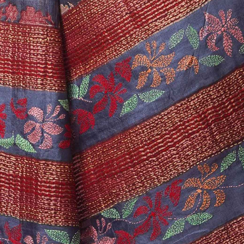 Maroon & Blue Work Pure Silk Tussar Saree